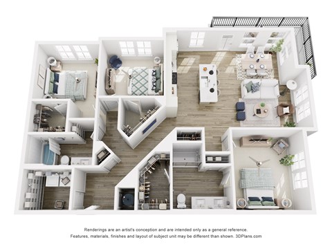 Floor plan for 3 beds, 2 baths, 1445 sqft